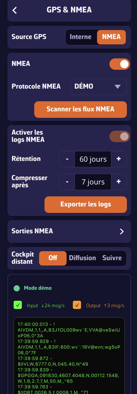 Réglages GPS & NMEA avec le contrôle Cockpit distant