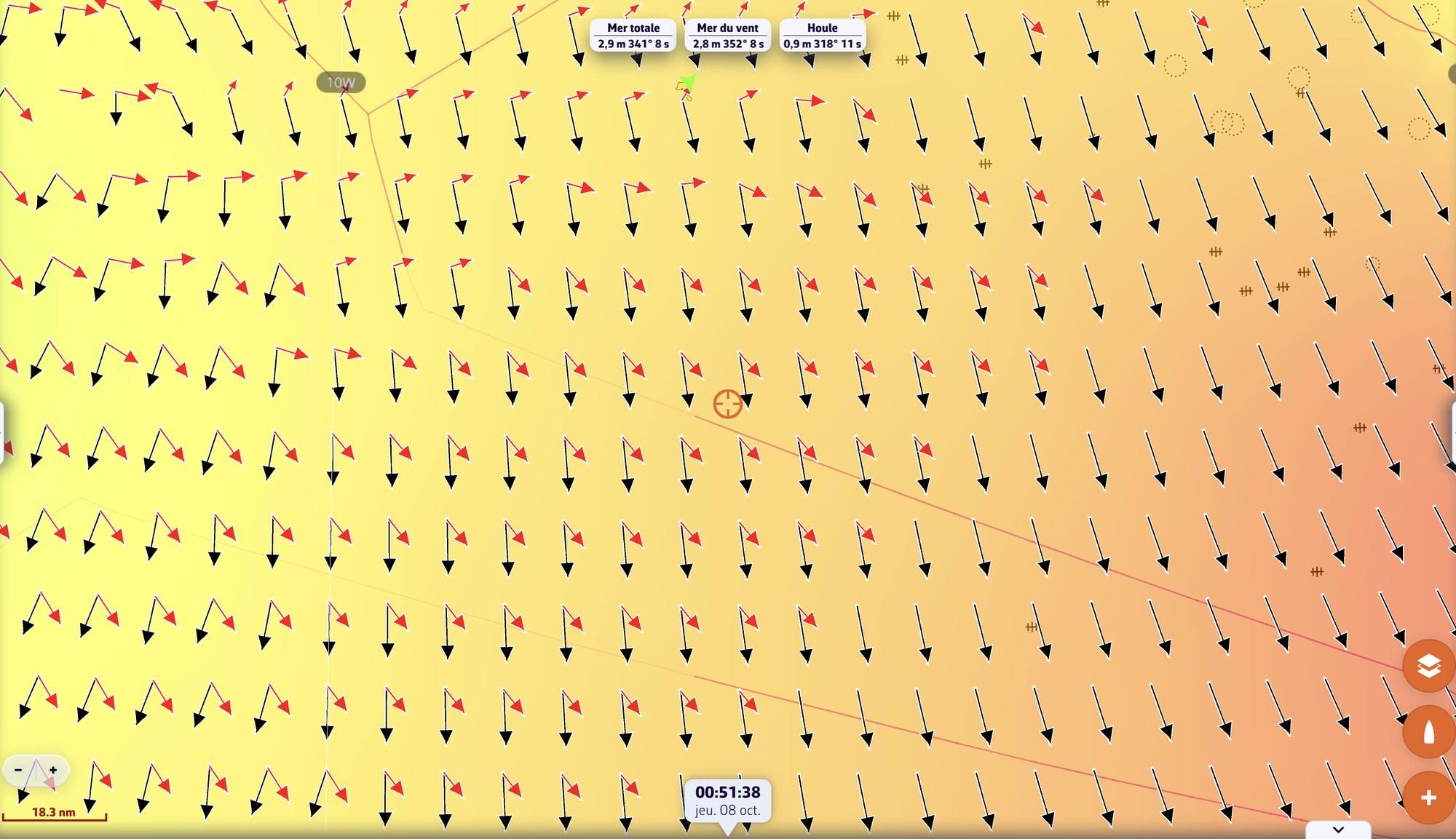 Mer du vent et houle : flèche de la mer du vent dans la couleur de la carte, flèche rouge de la houle