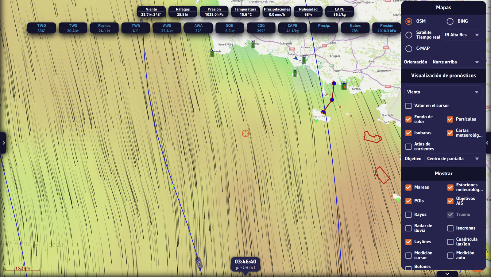 Menú de capas con la lista de parámetros meteorológicos disponibles en Visualización de pronósticos