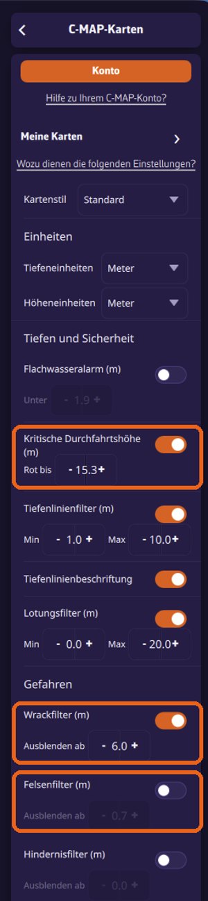 Der obere Teil der C-MAP-Einstellungen: Kartenstil, Einheiten, Tiefen und Sicherheit