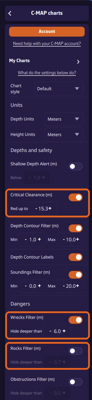 The top of the C-MAP settings: chart style, units, depths and safety