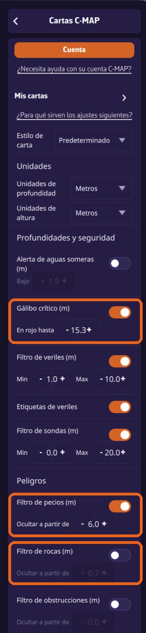 La parte superior de los ajustes C-MAP: estilo de carta, unidades, profundidades y seguridad