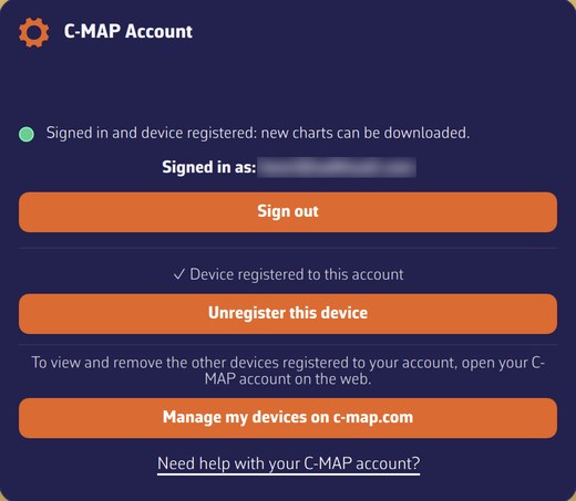 C-MAP account: green dot, status sentence, signed in as, device registered to this account
