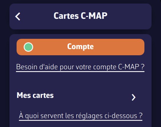Page Cartes C-MAP : Compte et Mes cartes