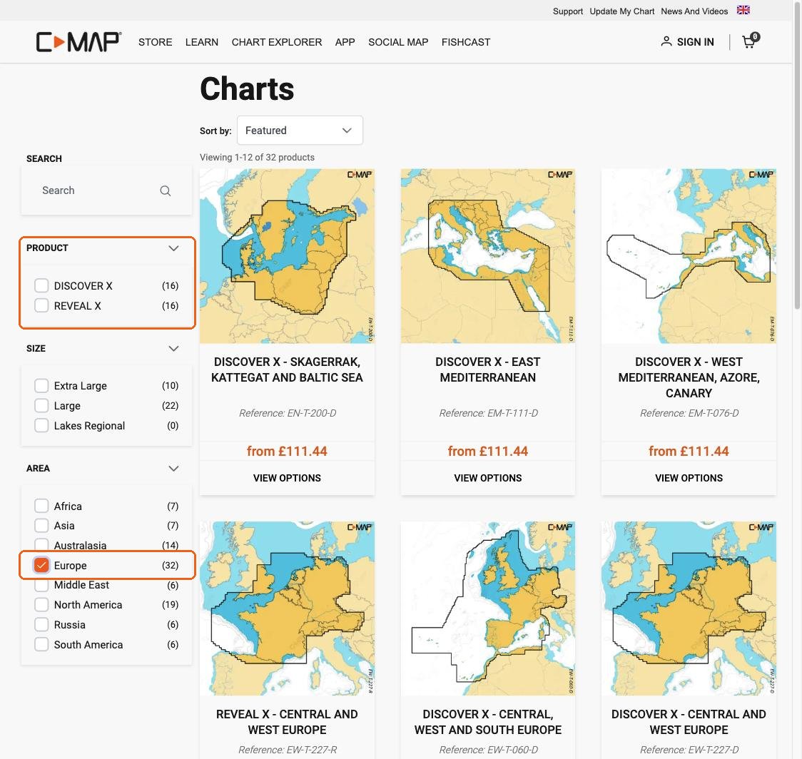 C-MAP store: the X charts, filtered on Europe