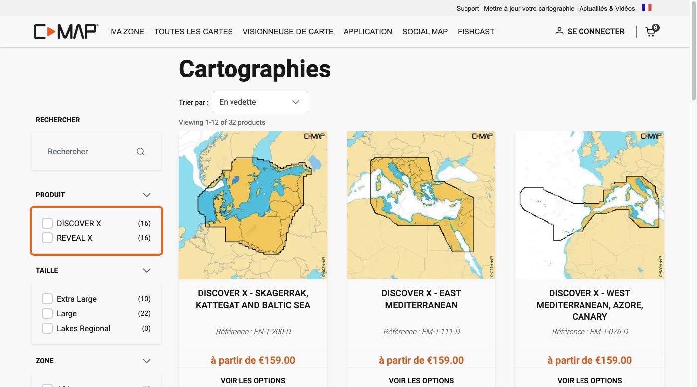 Boutique C-MAP : les cartes X, filtrées sur l'Europe