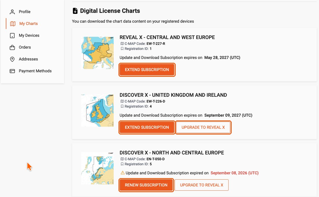 C-MAP account, My Charts: Extend, Renew and Upgrade buttons
