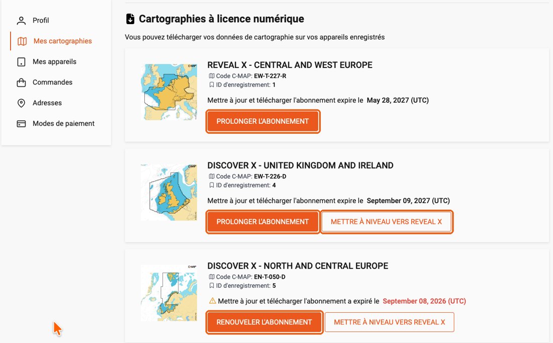 Compte C-MAP, Mes cartographies : boutons Prolonger, Renouveler et Mettre à niveau