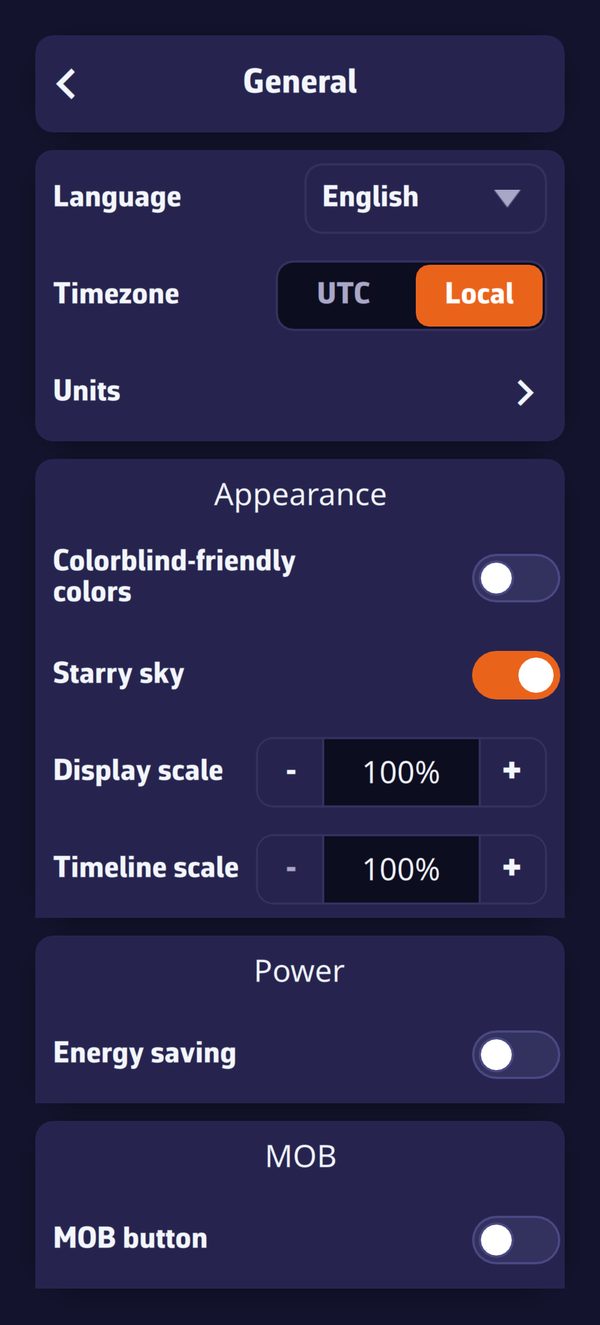 Settings, General page