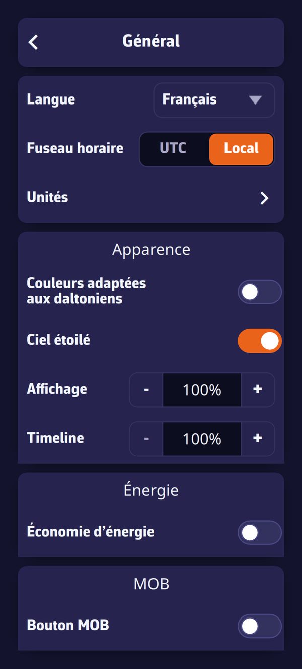 Réglages, page Général