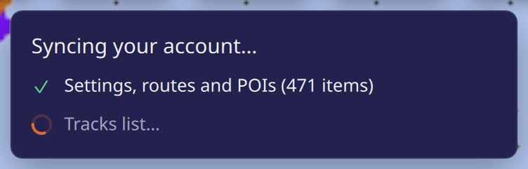“Syncing your account…” banner just after signing in: settings, routes and POIs, track list, then track fetching in progress