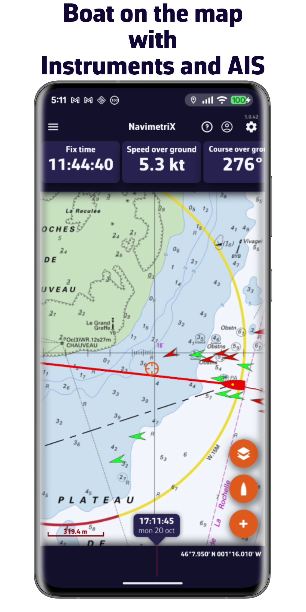 Barco en el mapa con Instrumentos y AIS