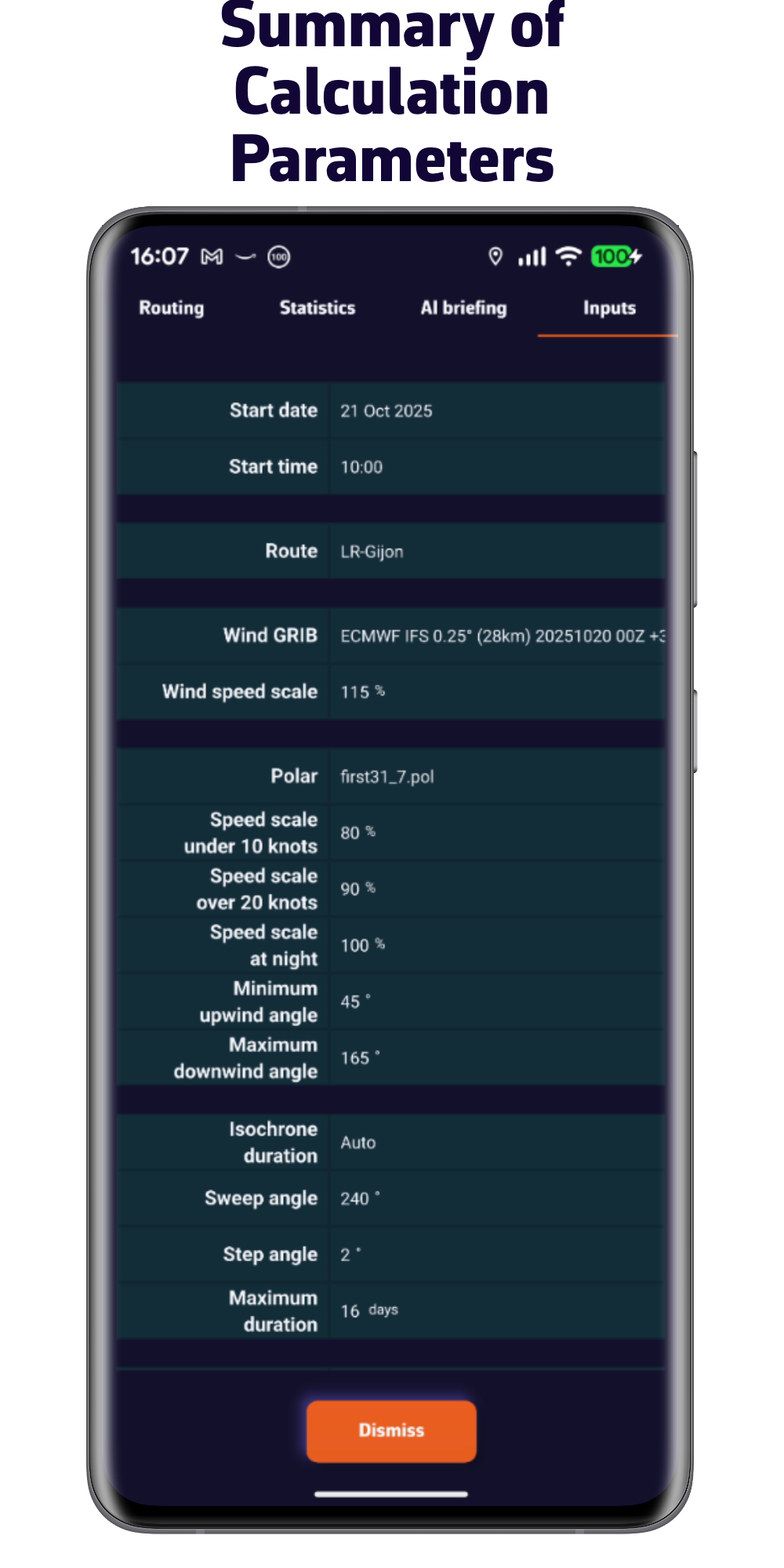 Resumen de los parámetros de cálculo